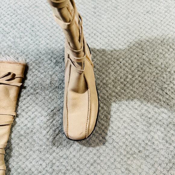 Vtg Y2K Hush Puppies Tan/Cream Moccasin Laceup Faux Fur Suede Tall Leather Boots - Picture 3 of 6